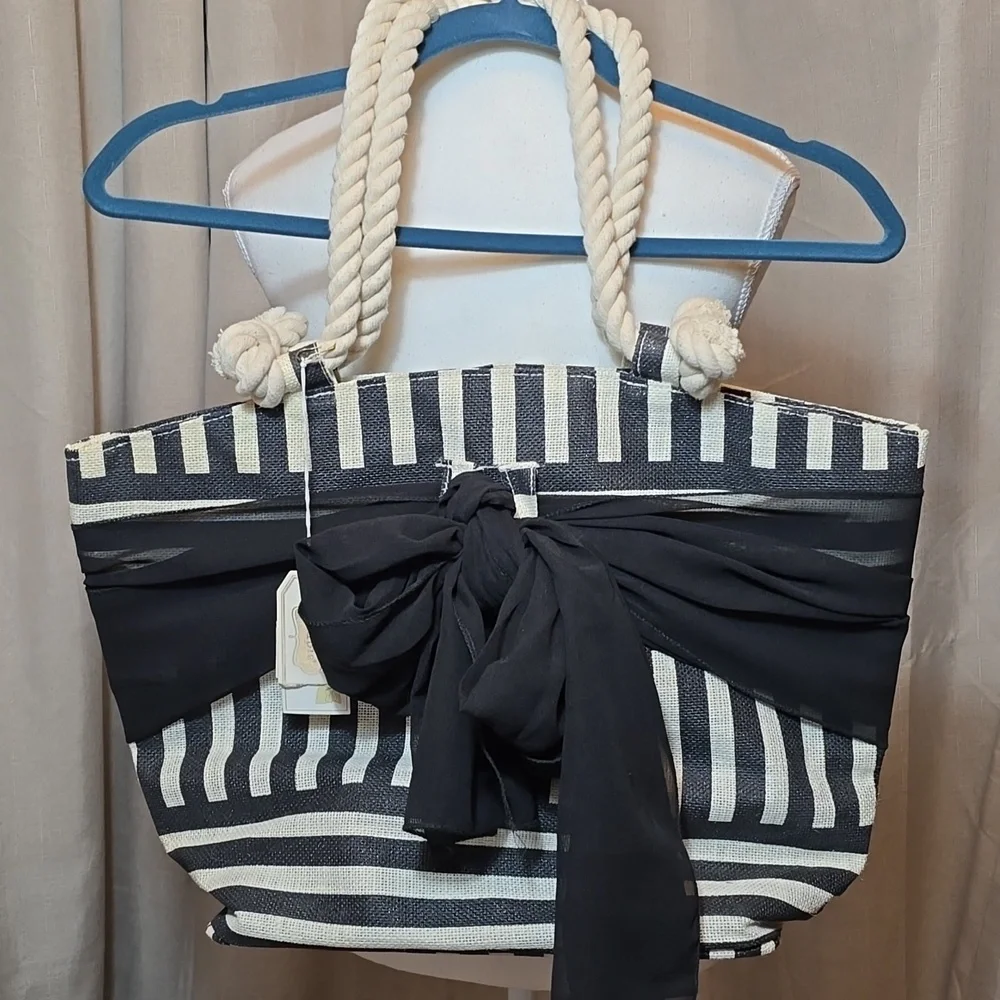 Mud Pie Sarong Along Tote, Black Striped